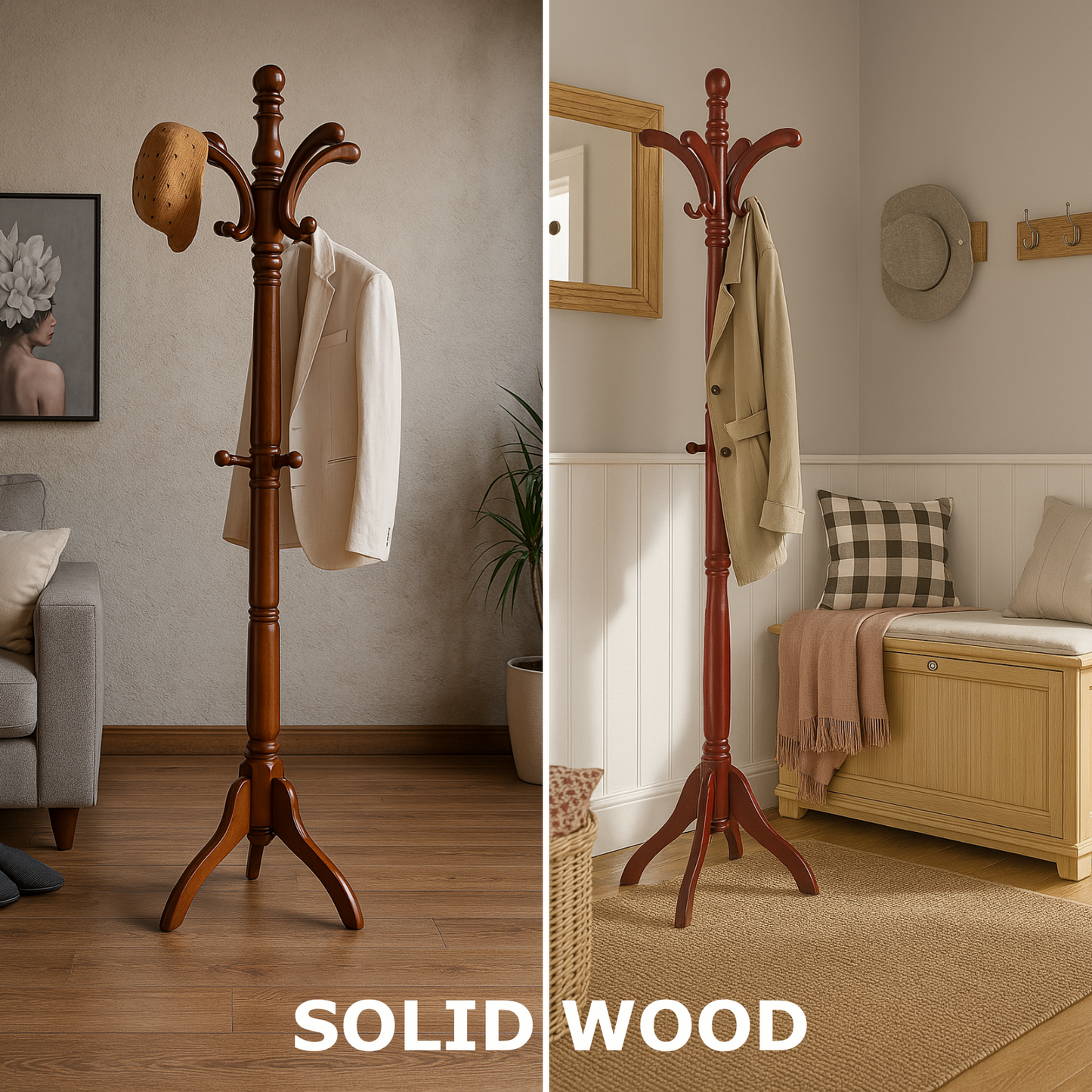 Wooden Coat Stand with 13 Hooks - Freestanding Hat & Coat Hanger Tree Rack