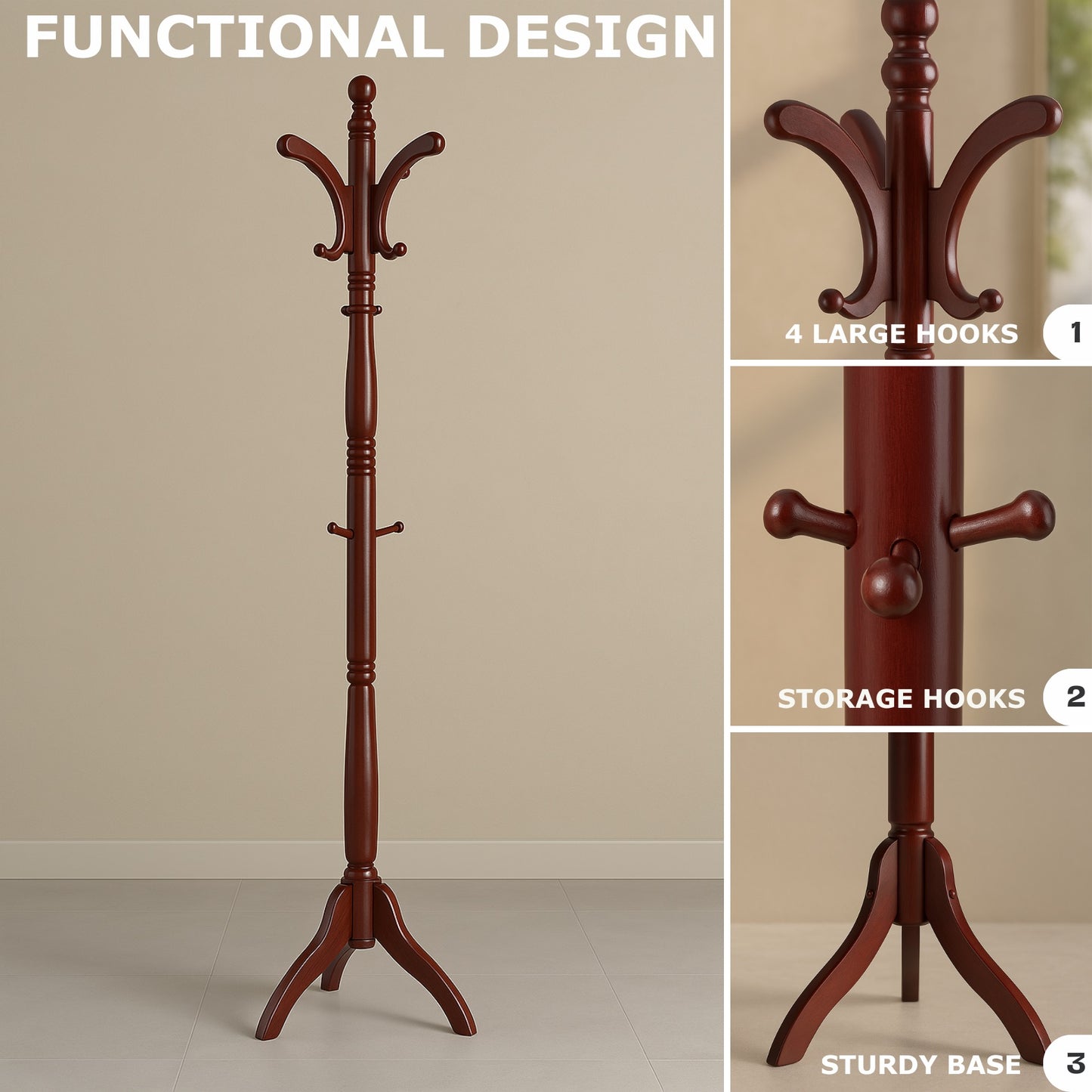 Wooden Coat Stand with 13 Hooks - Freestanding Hat & Coat Hanger Tree Rack