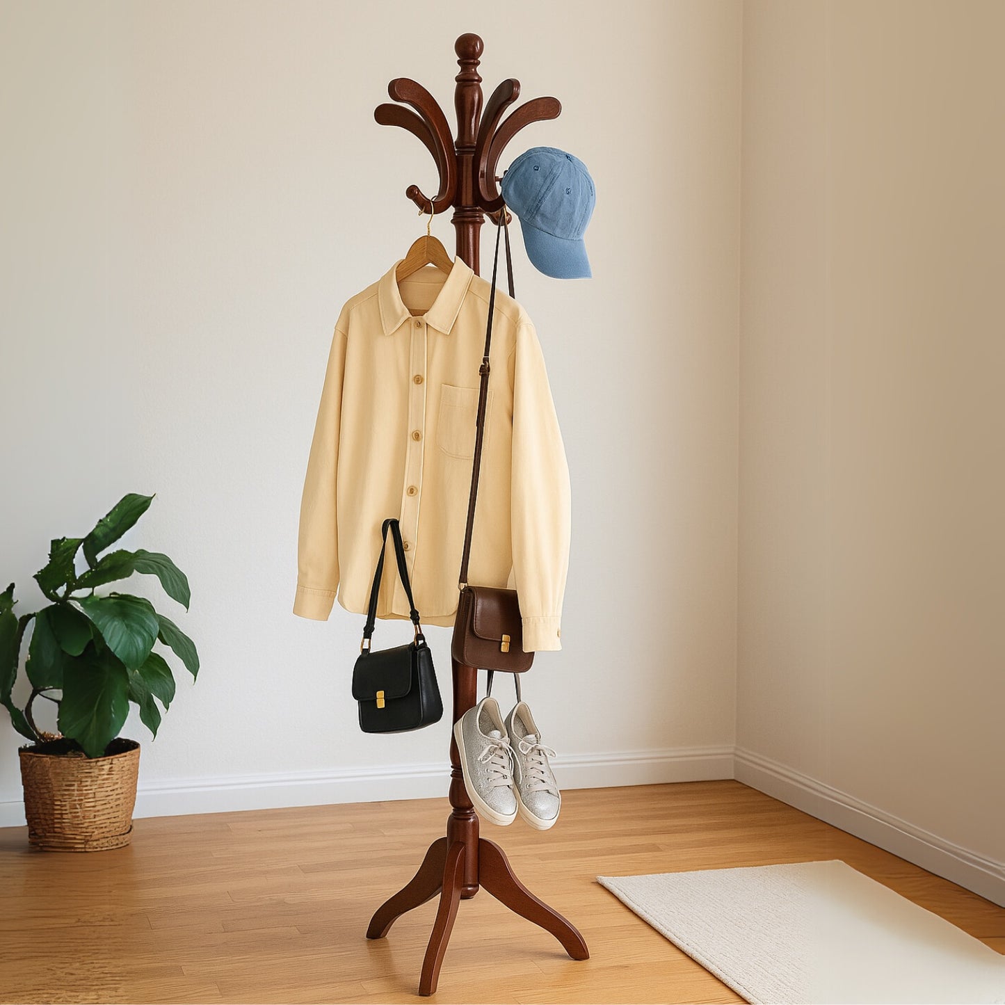 Wooden Coat Stand with 13 Hooks - Freestanding Hat & Coat Hanger Tree Rack