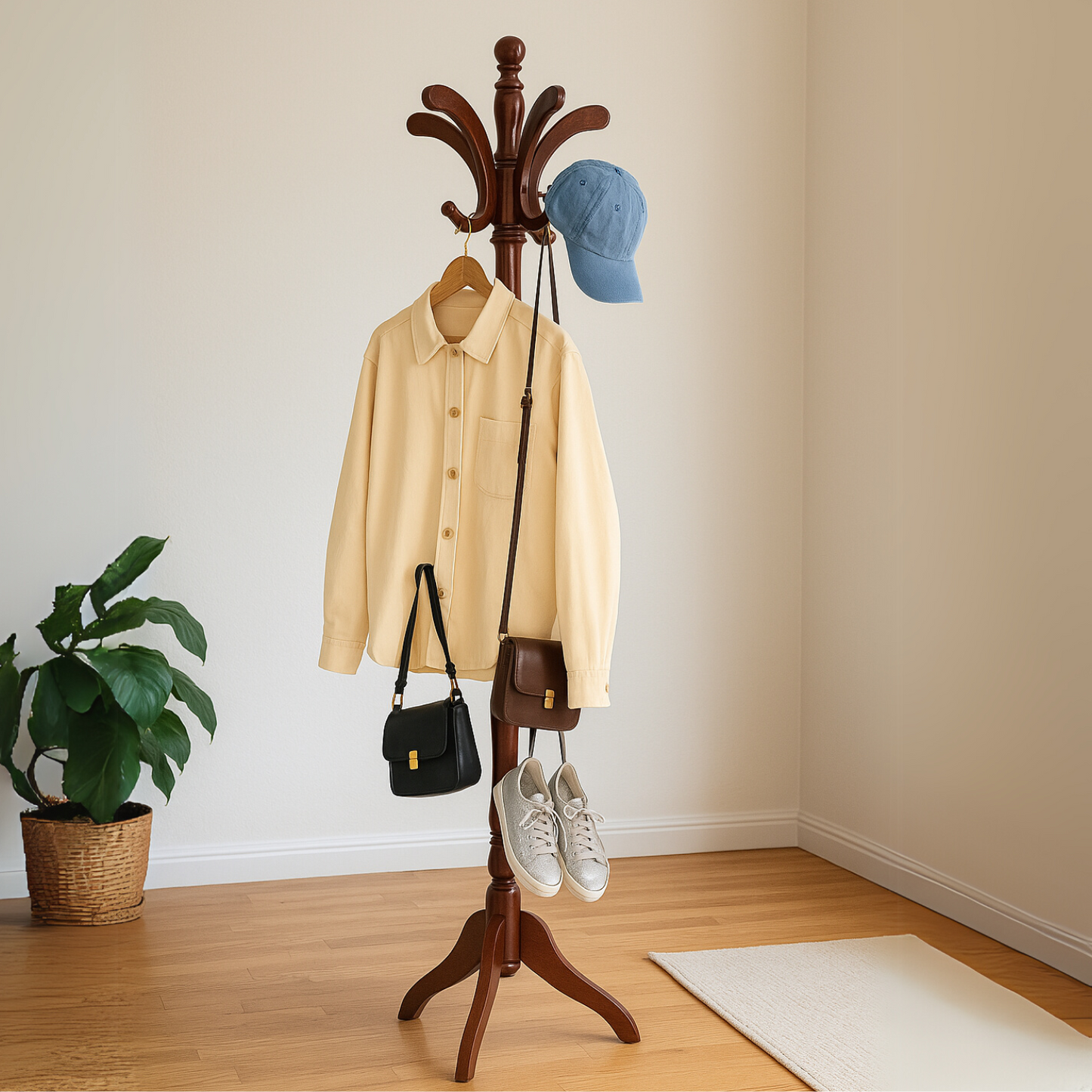 Wooden Coat Stand with 13 Hooks - Freestanding Hat & Coat Hanger Tree Rack
